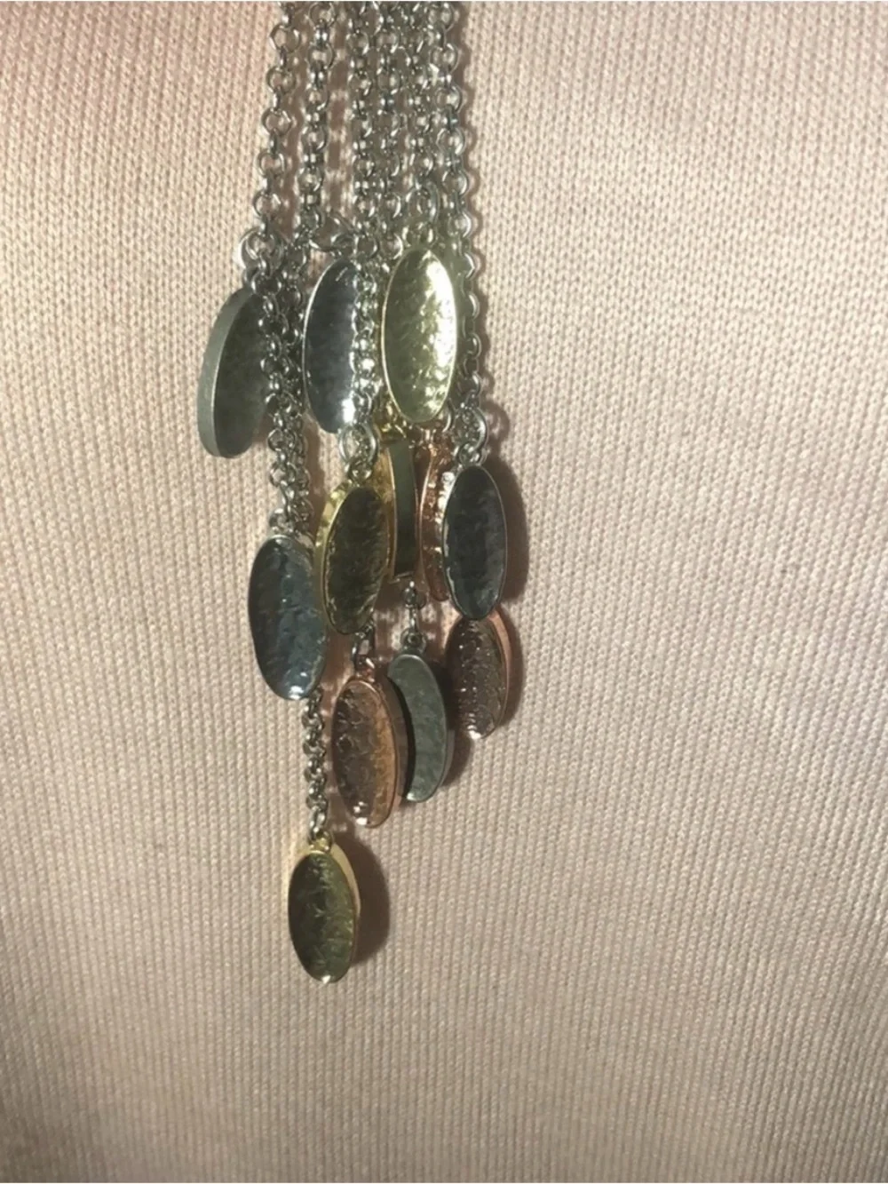 Long Multi Strand Silver Lariat Necklace Mixed Metal Disc Dangle Statement